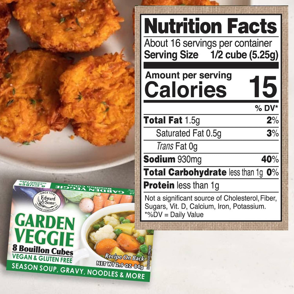 Garden veggie bouillon cubes pack beside Nutrition Facts panel