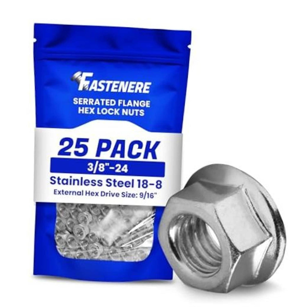 Stainless serrated flange hex lock nuts, 3/8-24 thread, 25-pack with one loose nut