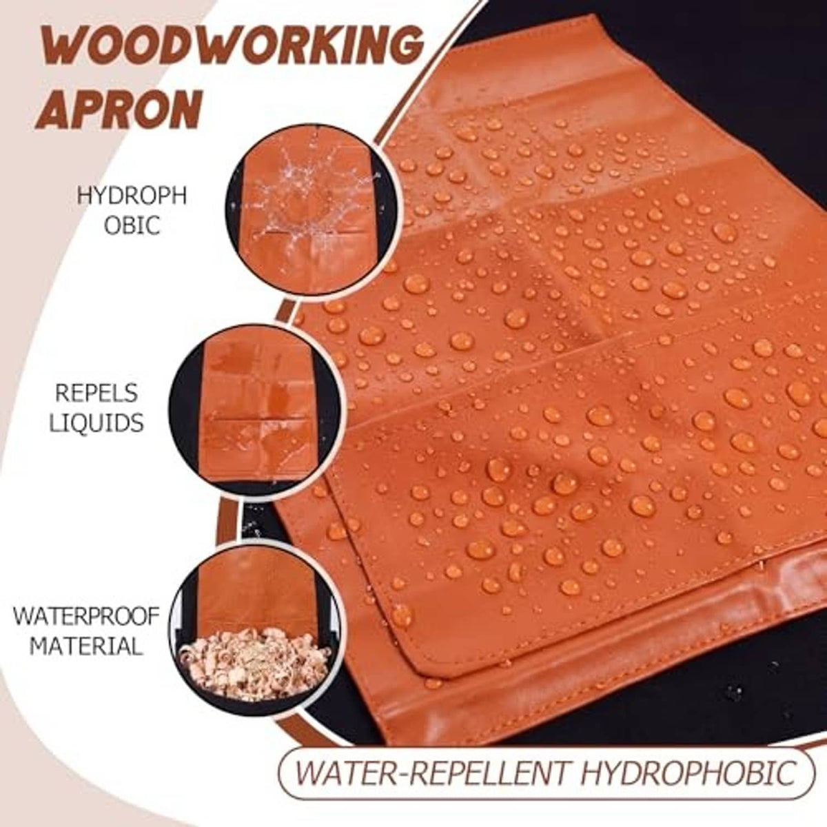 Orange waterproof-style apron fabric with droplet texture and black chip catcher