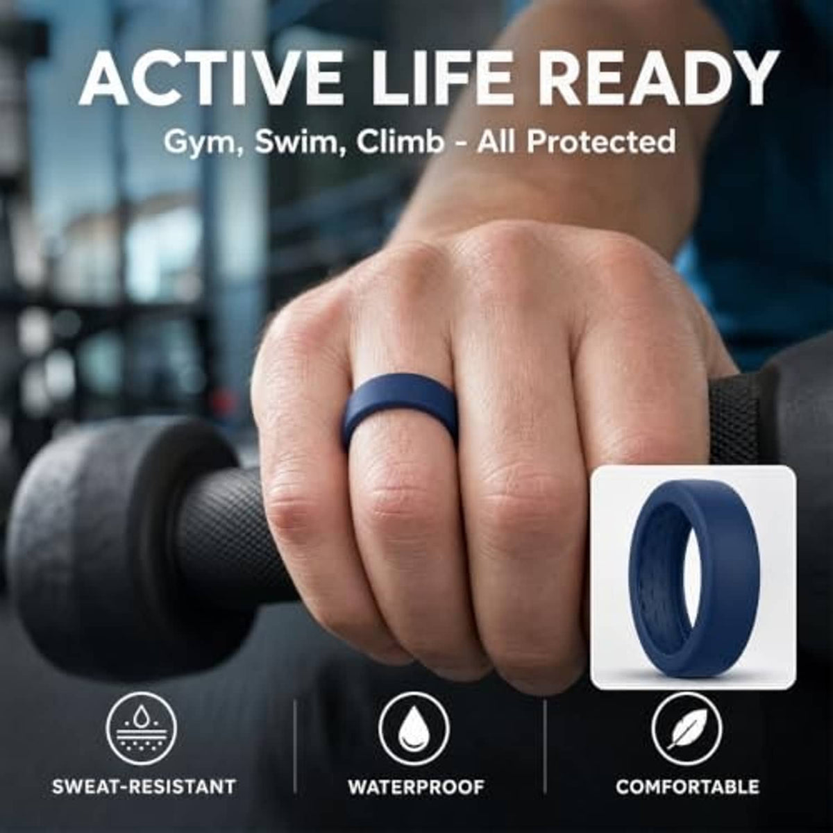 Hand wearing a blue silicone ring cover on a finger