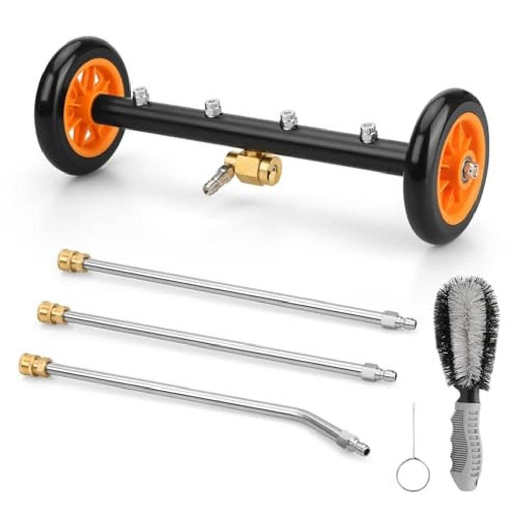 Undercarriage pressure washer tool set with orange wheel bar, multiple wands, and hub brush