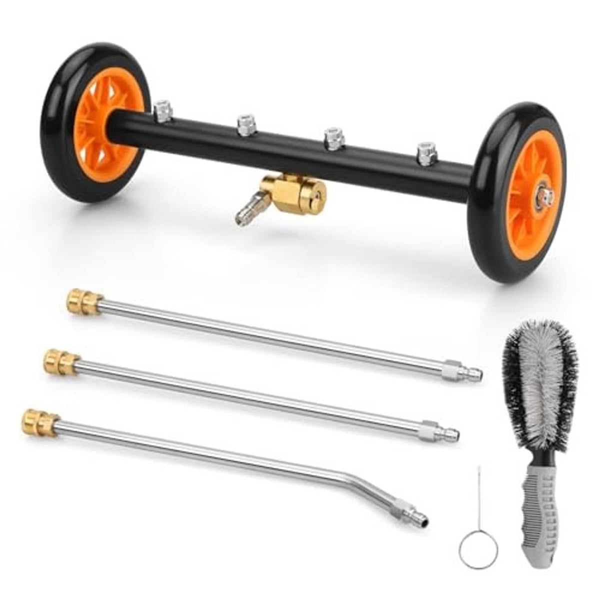 Undercarriage pressure washer tool set with orange wheel bar, multiple wands, and hub brush