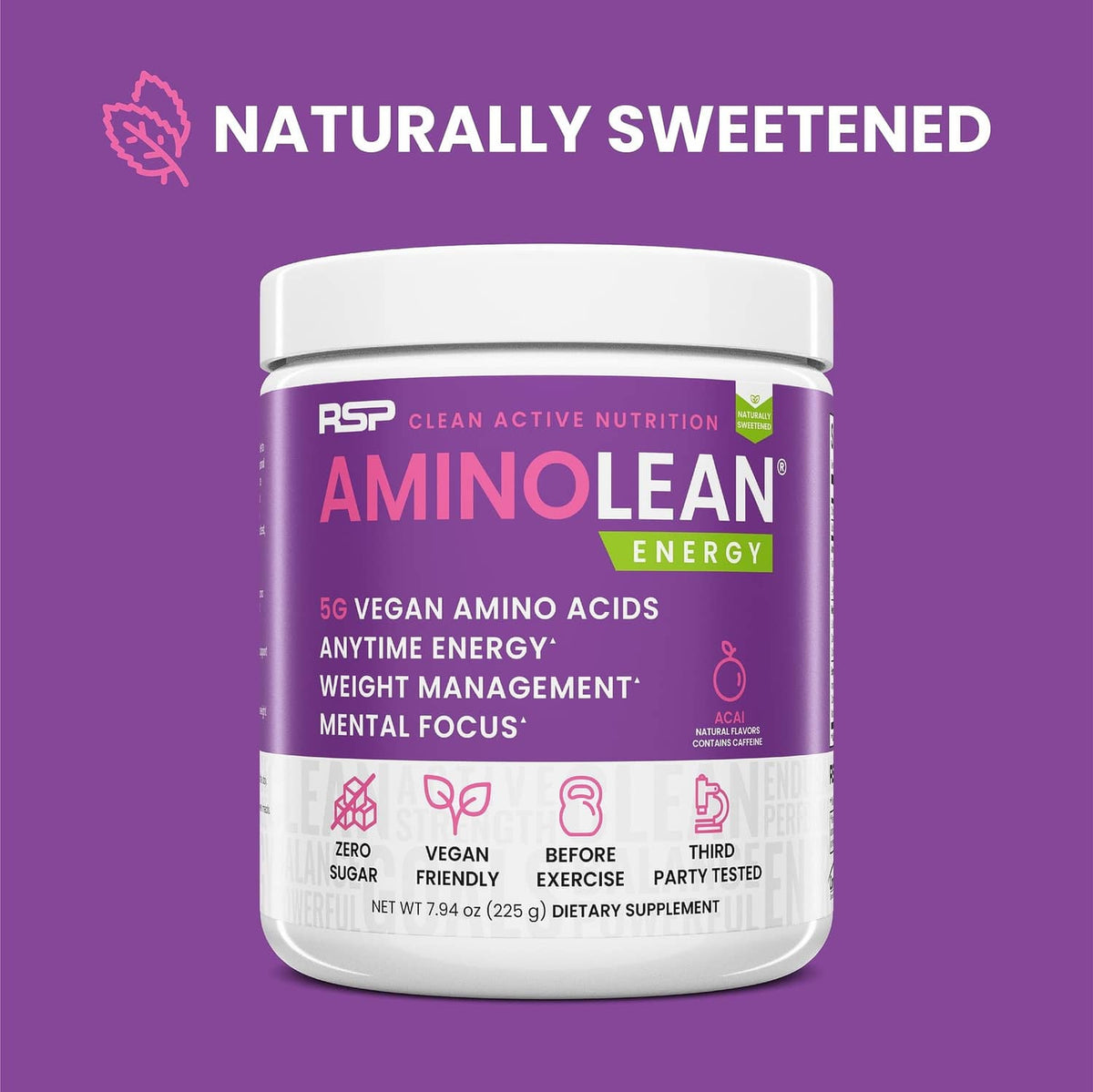 AminoLean Energy powder jar, naturally sweetened label with product icons