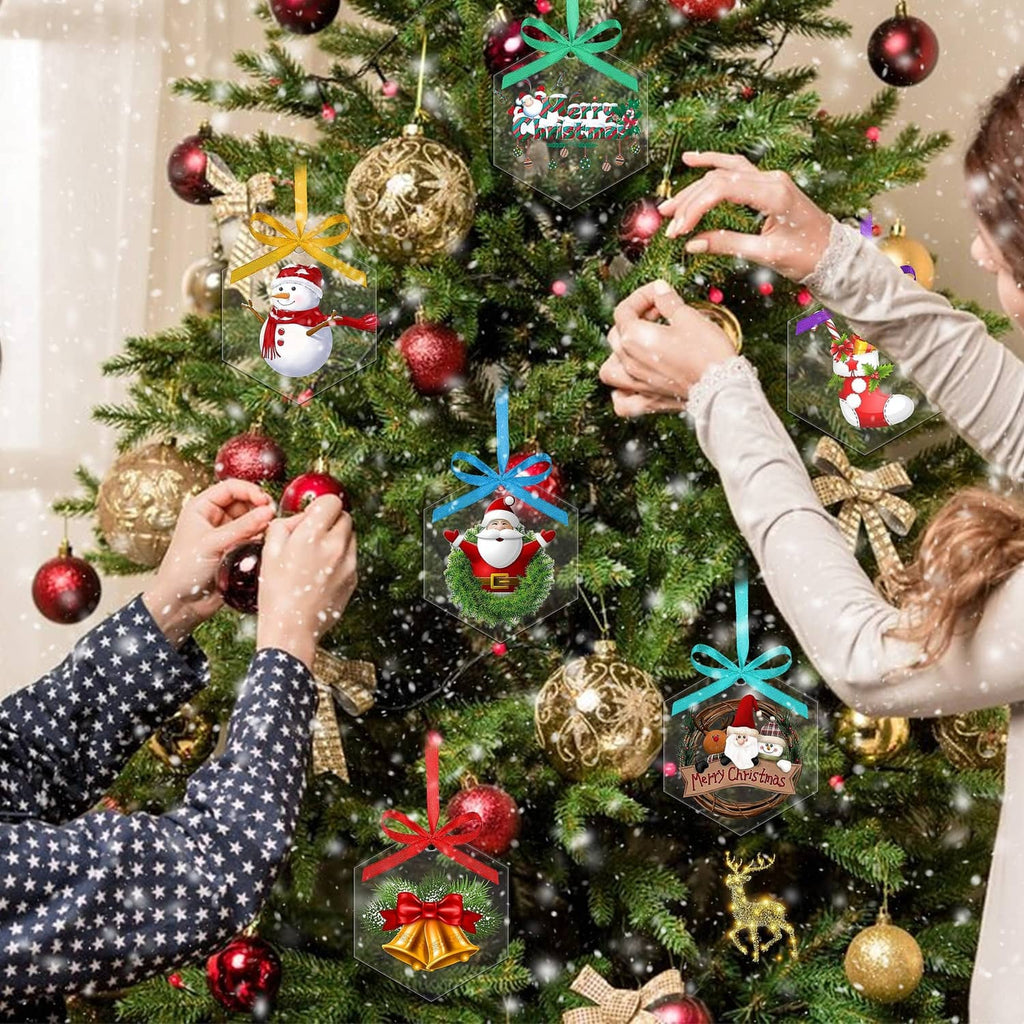 Clear round Christmas hanging ornaments with metal loops on a decorated tree