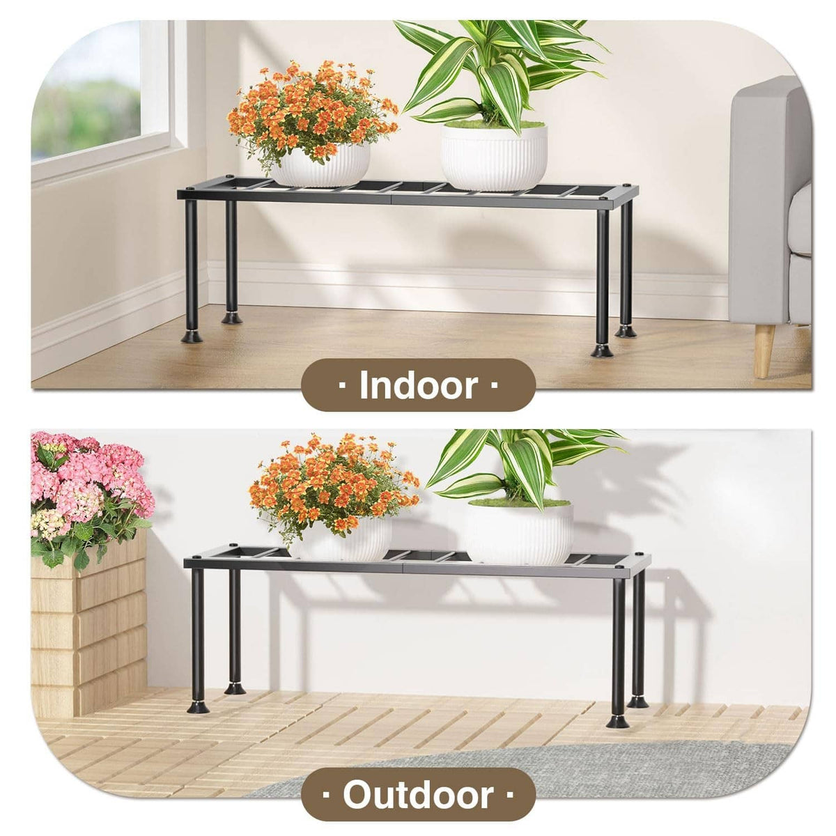 Black metal 1-tier rectangular plant stand with three potted flowers on slatted shelf