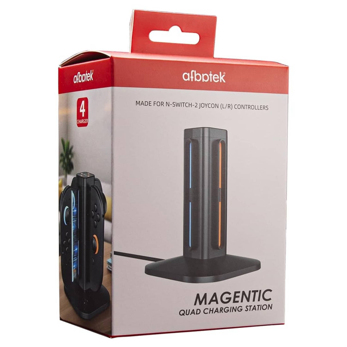Retail box for quad Joy-Con charging station, black dock with blue and orange rails