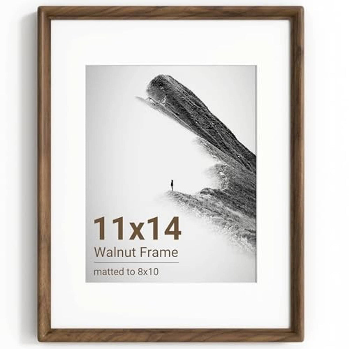 Walnut wood photo frame with white mat for 11x14 picture, front view