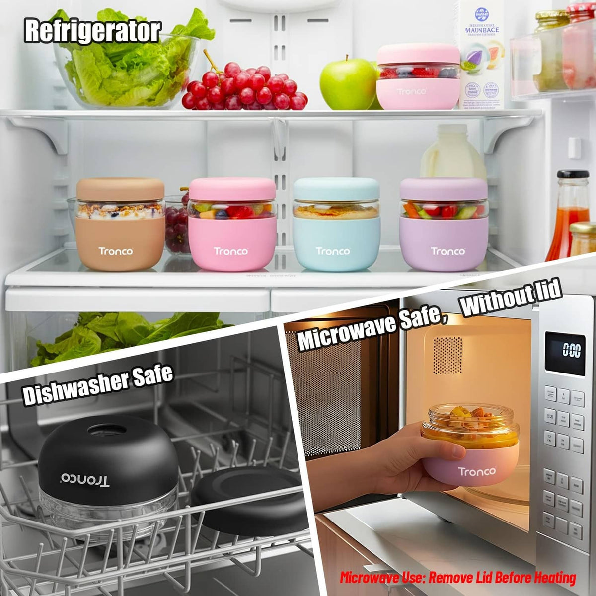 Multiple 16 oz glass food storage containers with clear lids arranged in a refrigerator