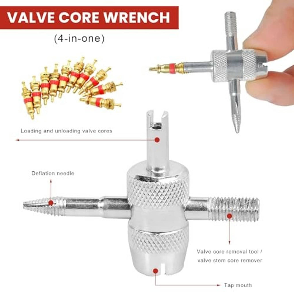 4-in-one valve core wrench and removal tool with silver body and threaded stem