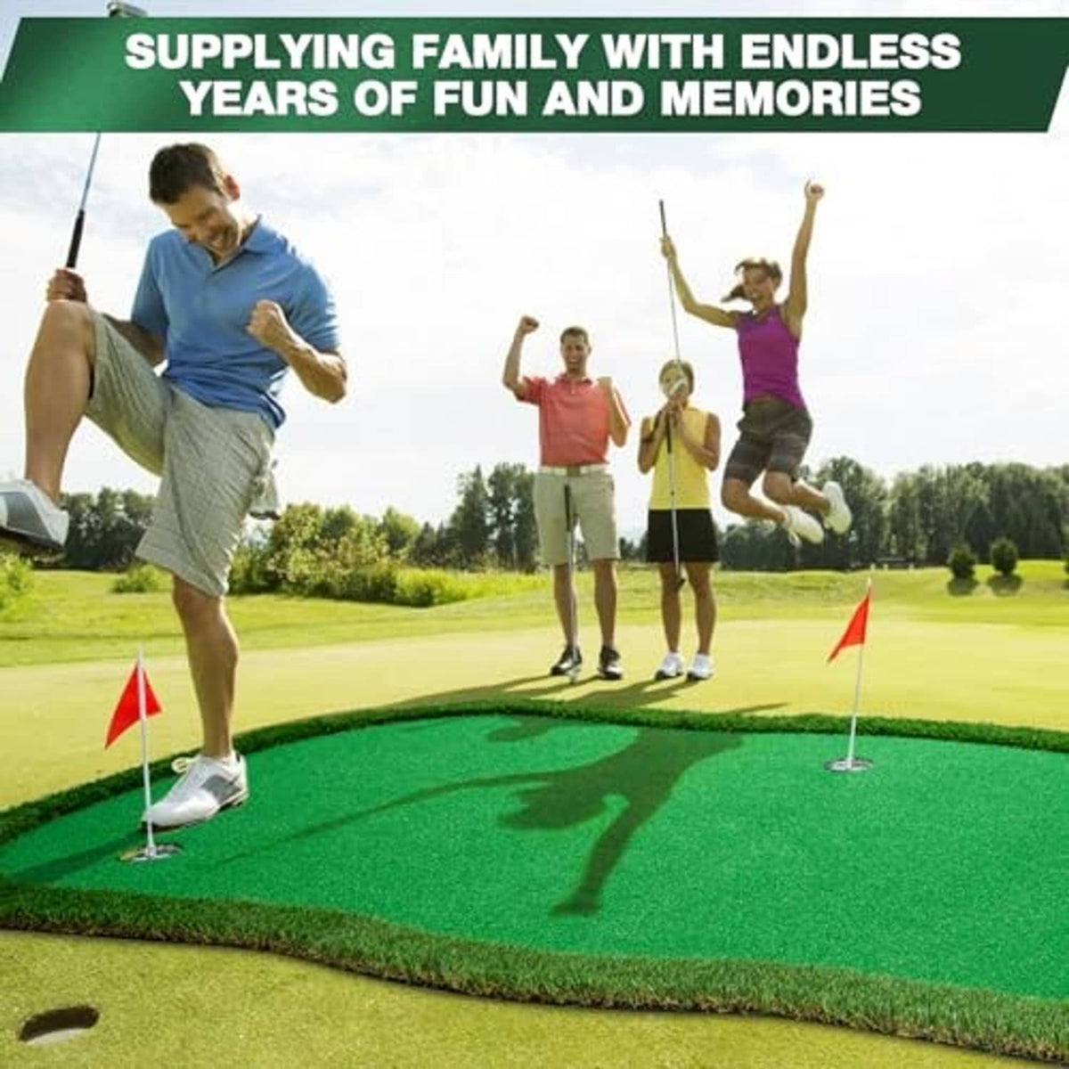 Green artificial golf putting green mat with cup flags and family playing