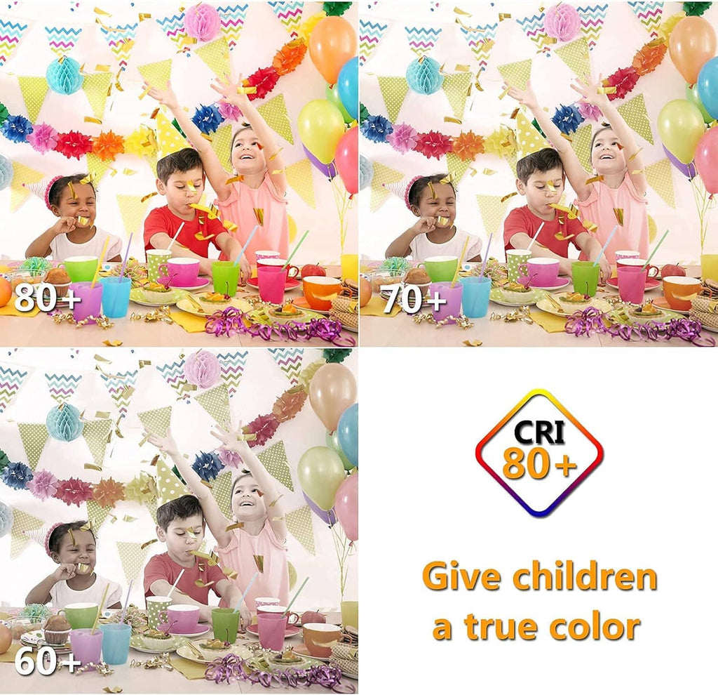 Warm white LED light effect at a children’s party table with CRI 80+ badge