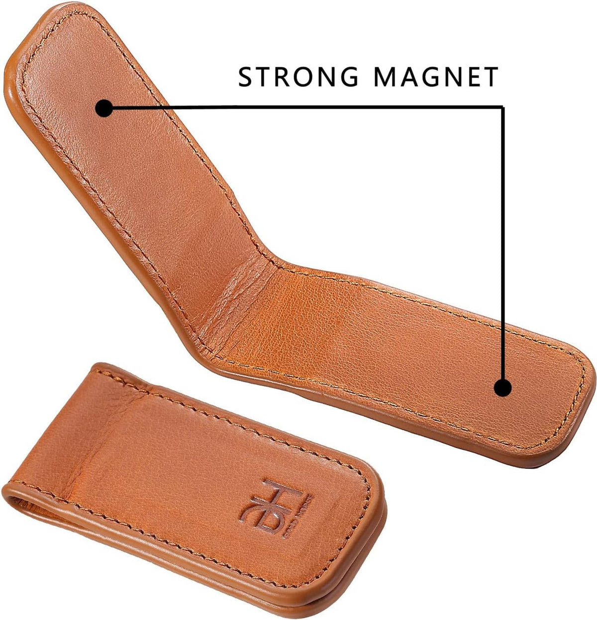 Brown leather magnetic money clip shown open, with DH logo on front