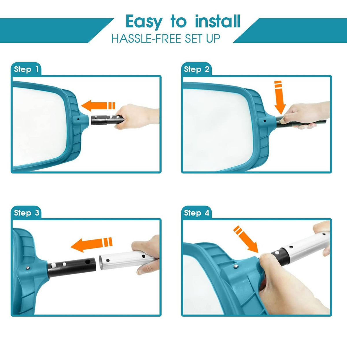 Teal pool leaf skimmer net showing pole connection and installation steps