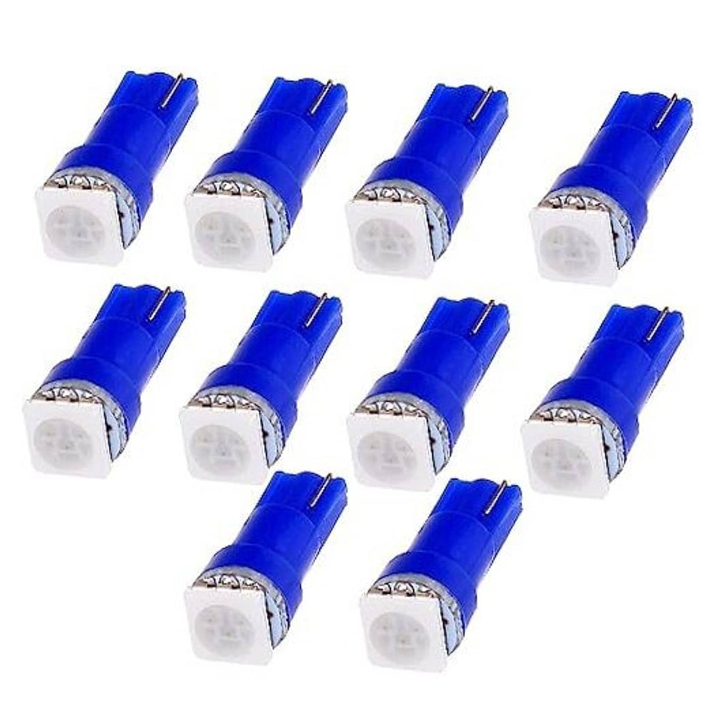 Set of 10 blue T5 wedge LED bulbs with clear lens and metal contact base
