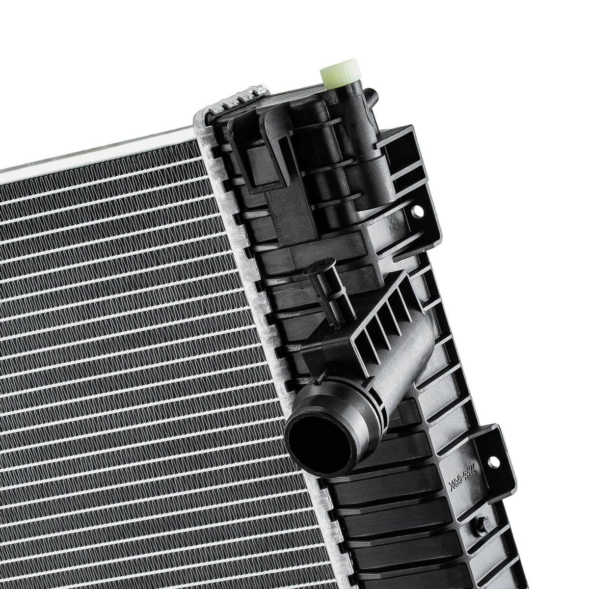 Automotive radiator end assembly with black fan shroud housing and silver fin core