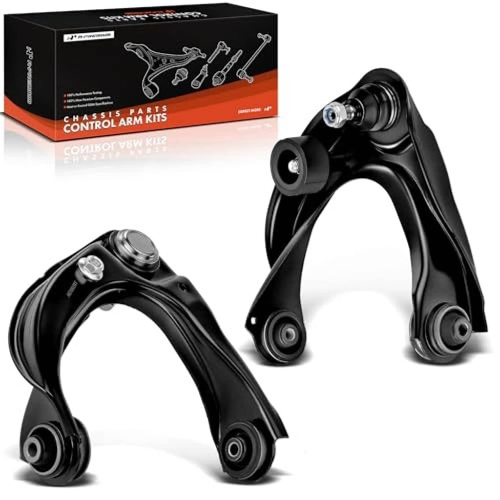 Two black front upper control arms with ball joints and bushings shown.