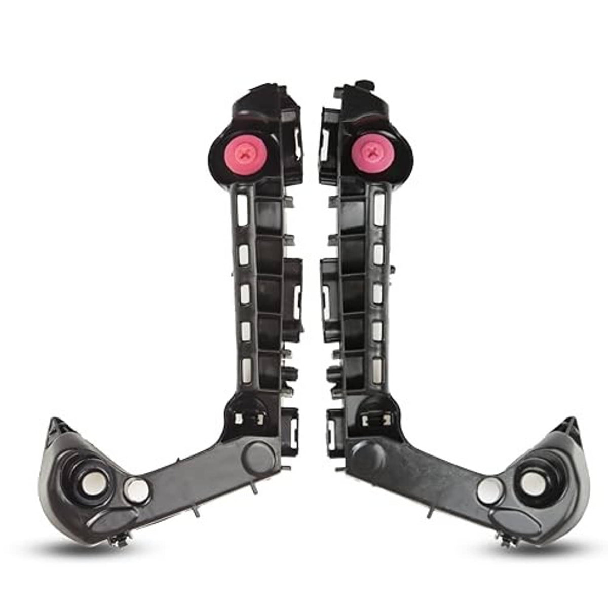 Front bumper bracket retainer pair, black frame with pink inserts and round mounting holes