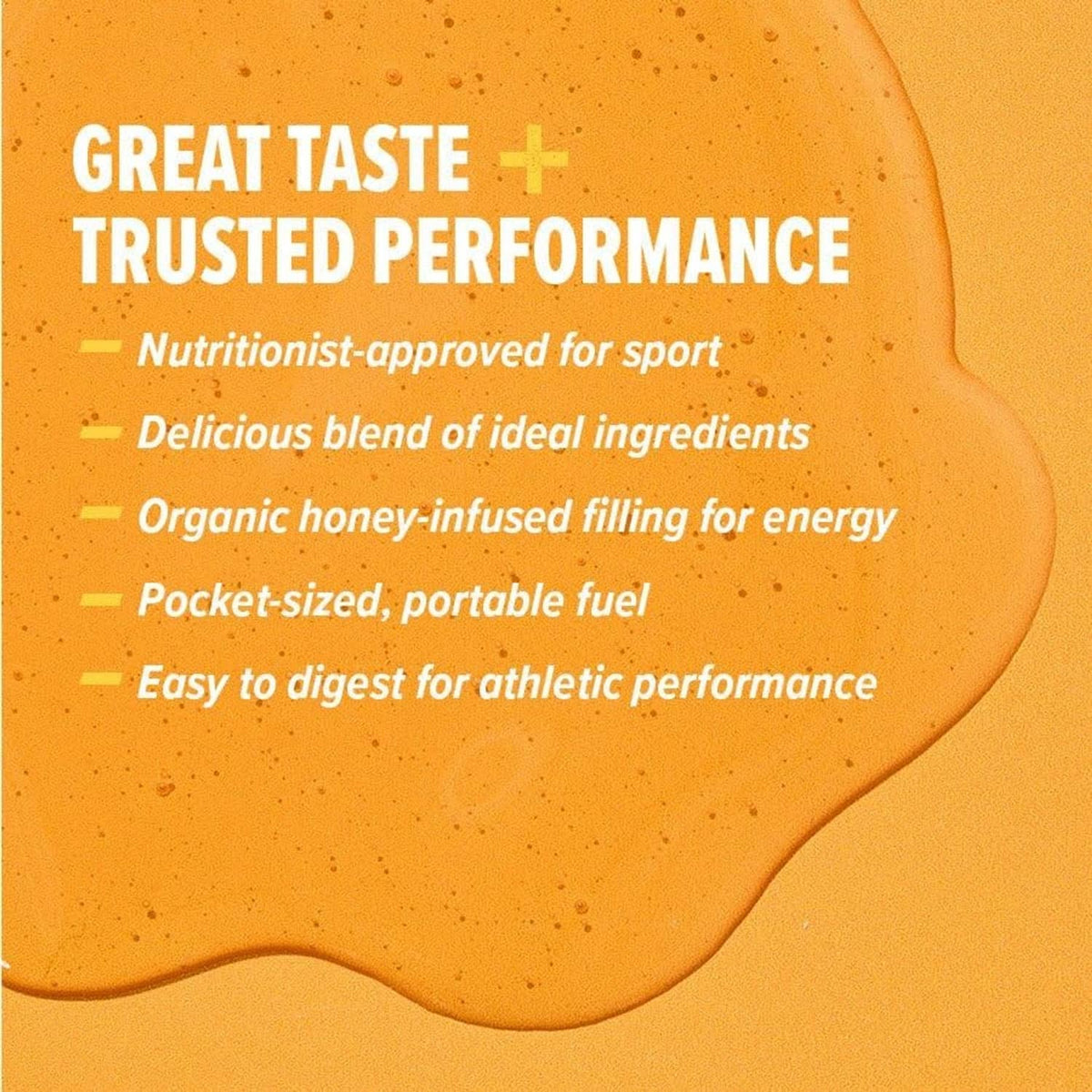 Energy fuel pouch graphic in orange with performance and nutrition callouts
