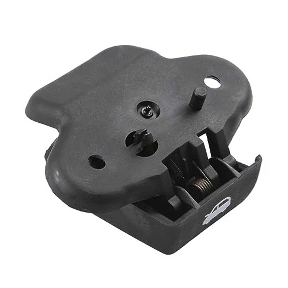 Hood latch release handle, dark plastic assembly with visible spring and tabs