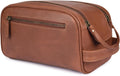 Brown leather toiletry travel bag with double zip closure and crossbody strap