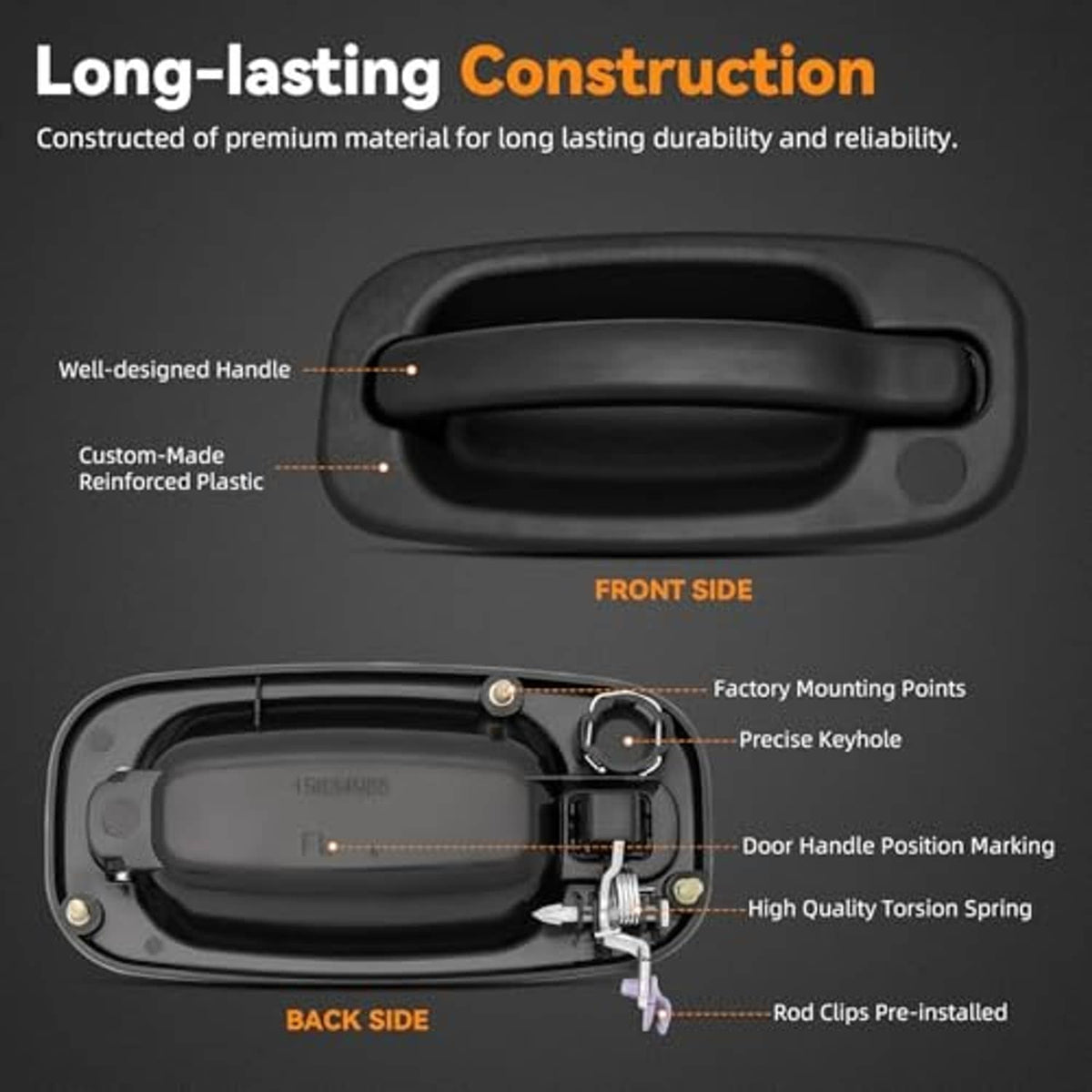 Black exterior door handle with textured finish and curved lever grip
