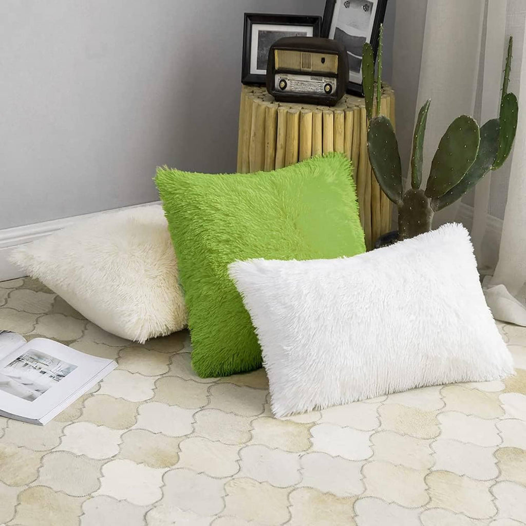 Green faux fur throw pillow cover, square design with long shag pile texture