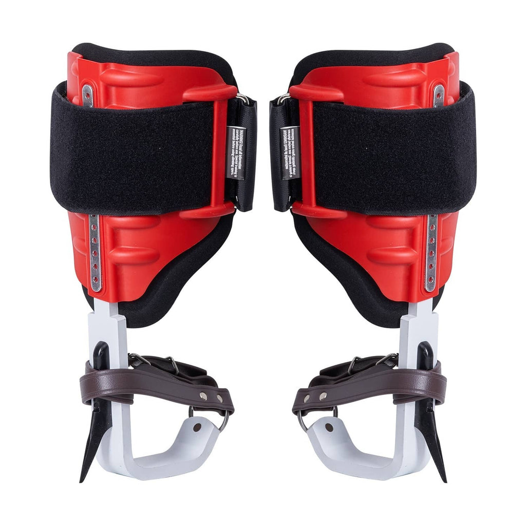 Tree climbing spurs set with red pads, black straps, and sharp steel spikes