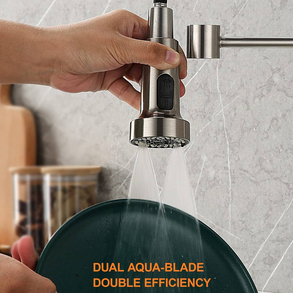 Brushed nickel dual-blade spray head faucet filling pot with steady water spray