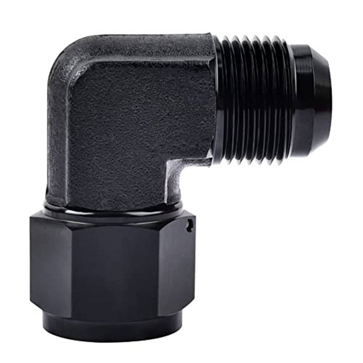 90-degree 10AN flare swivel fitting adapter, black aluminium, elbow side view