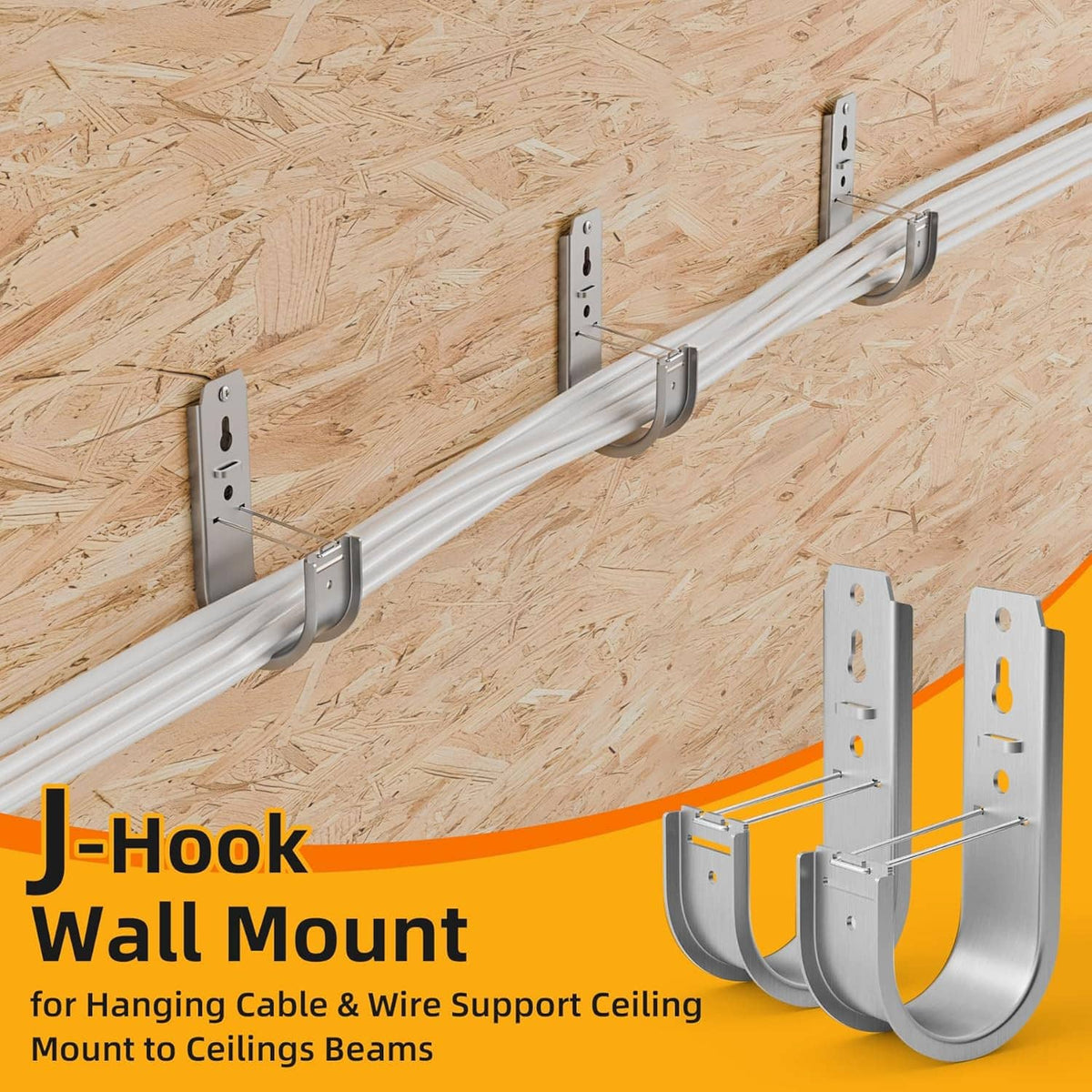 Galvanized steel J-hook wall mounts with open curved holder for hanging cables