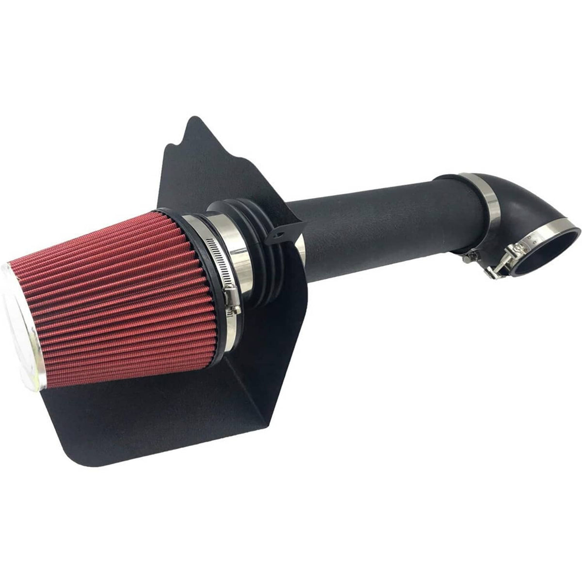 Cold air intake kit with red cone air filter and black heat shield, angled view