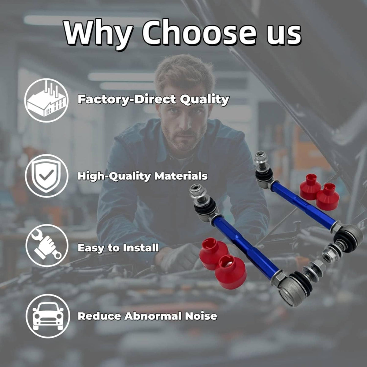 Blue sway bar end link with red bushings and gray mounting hardware
