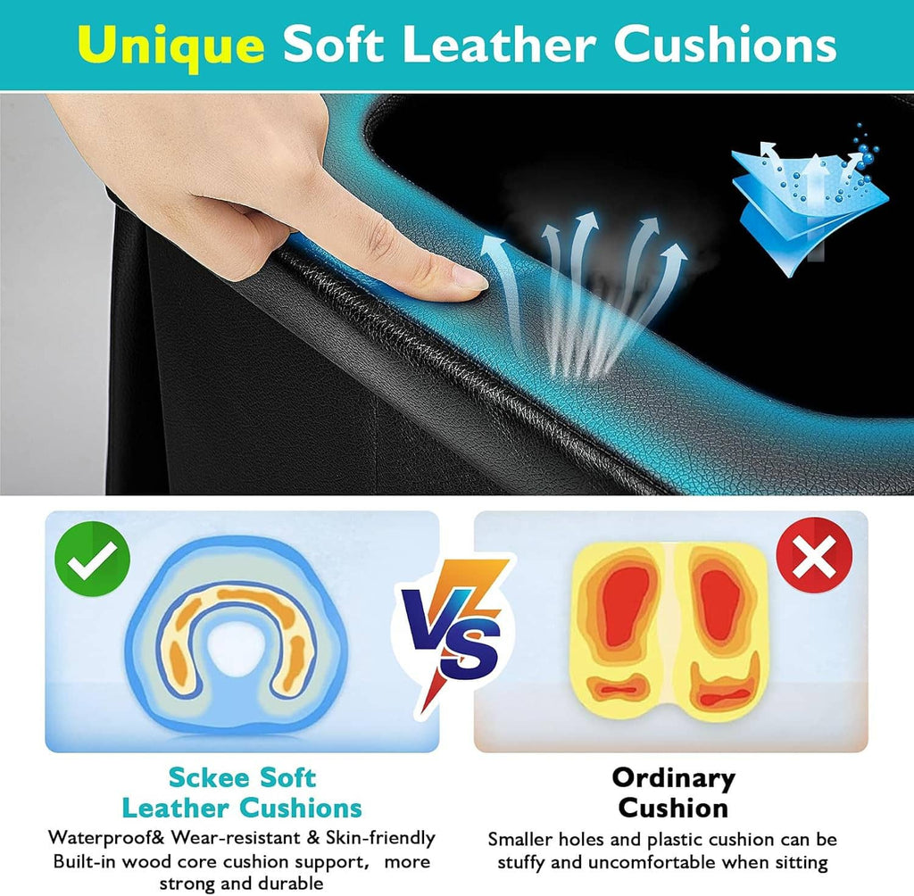 Black soft-leather style toilet cushion detail with water-resistant cushion comparison
