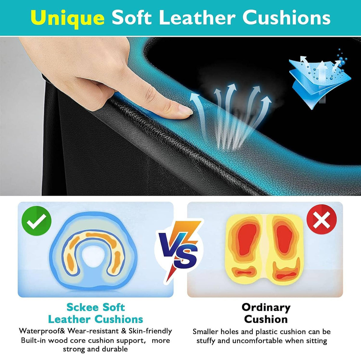 Black soft-leather style toilet cushion detail with water-resistant cushion comparison