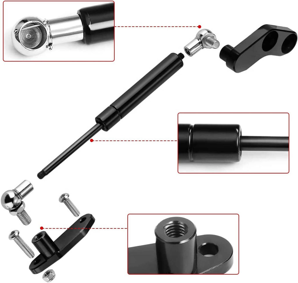 Door strut kit with black shocks, chrome ends, brackets, bolts, and installation pins