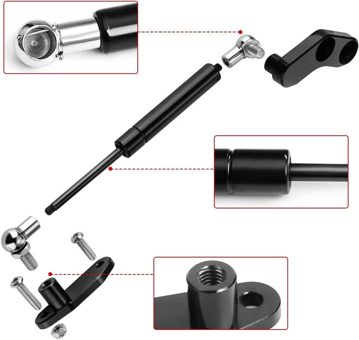 Door strut kit with black shocks, chrome ends, brackets, bolts, and installation pins