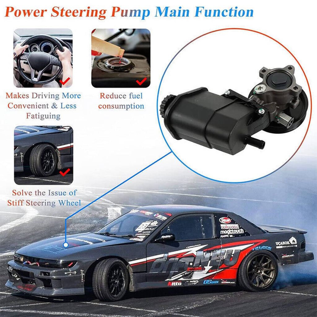 Power steering pump with reservoir and pulley, compact black housing with fittings
