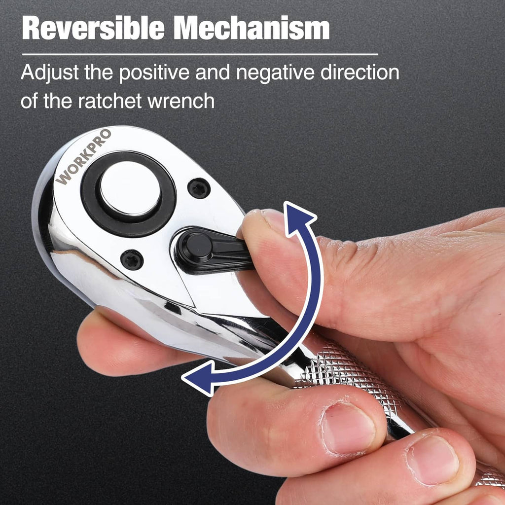 Hand-adjusted reversible stubby ratchet wrench with quick-release button