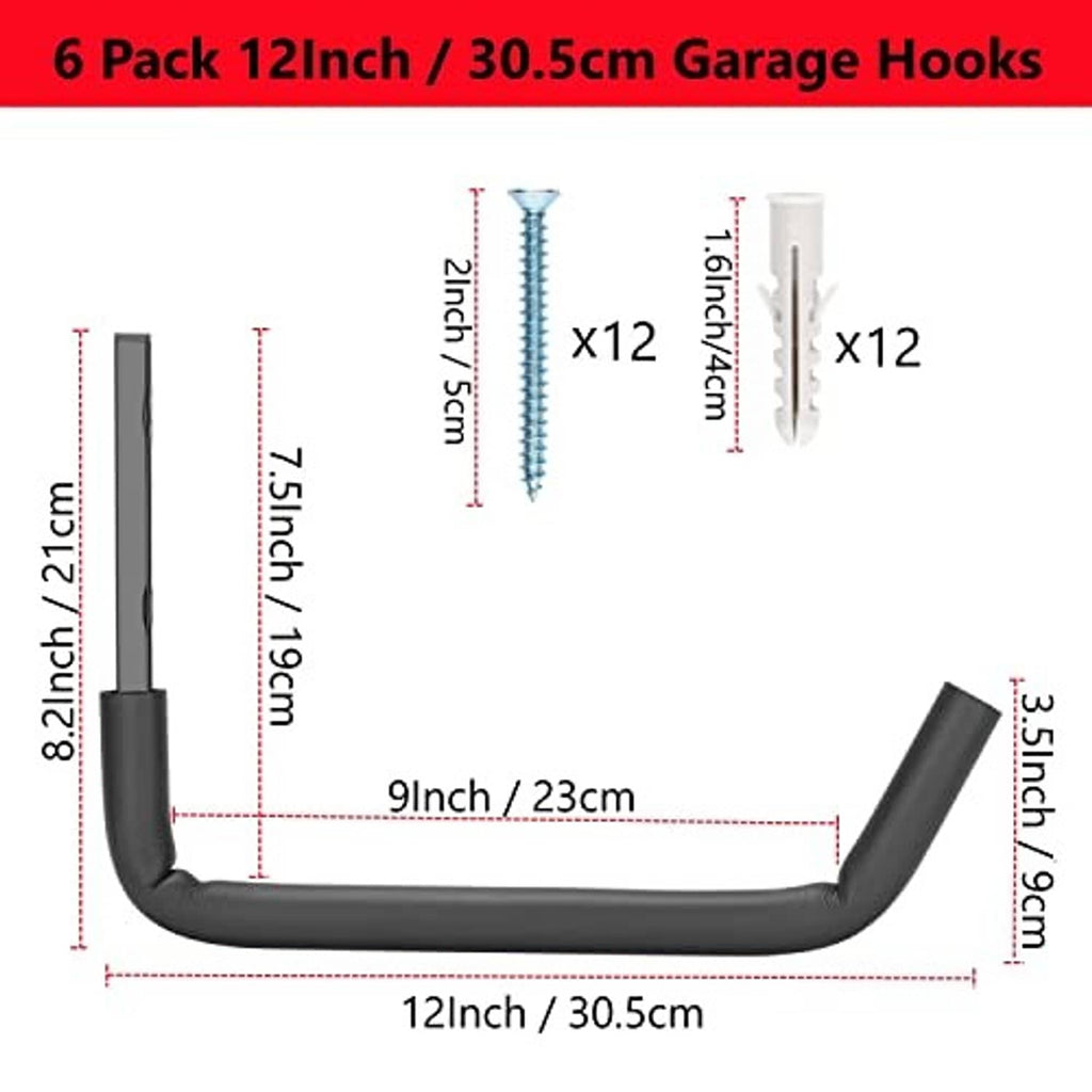 U-shaped black garage ladder hook, 12 in arm length, with back mounting holes