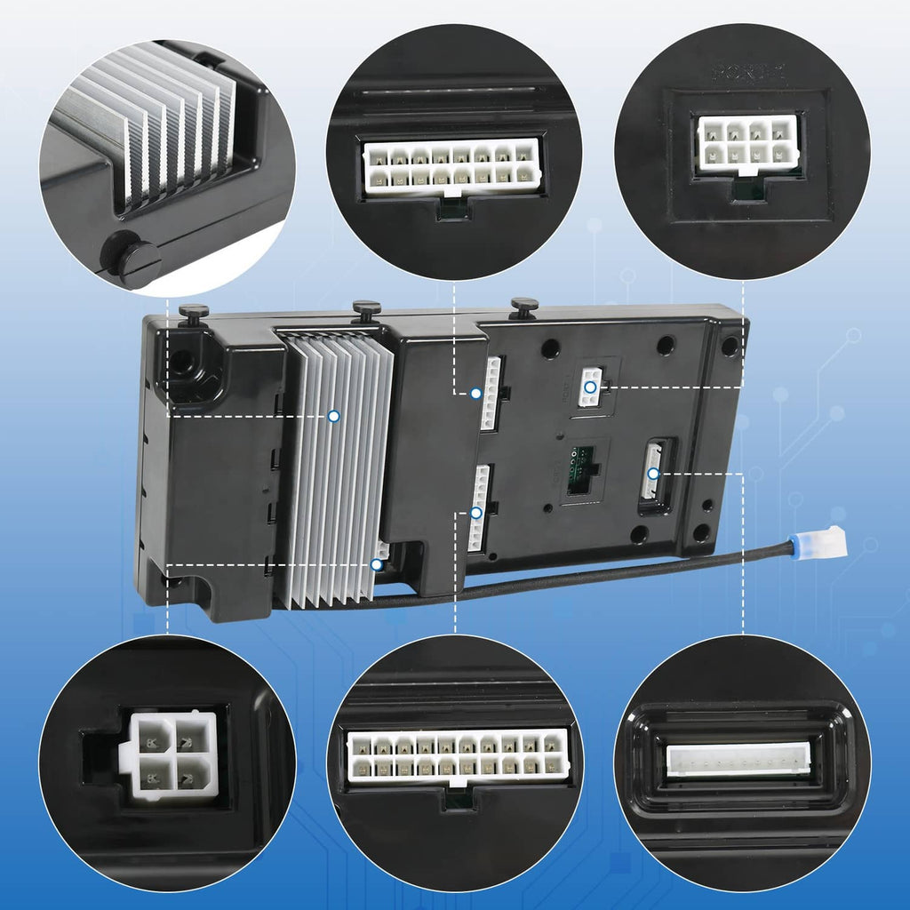 Open black controller assembly with internal circuitry and multi-pin connectors