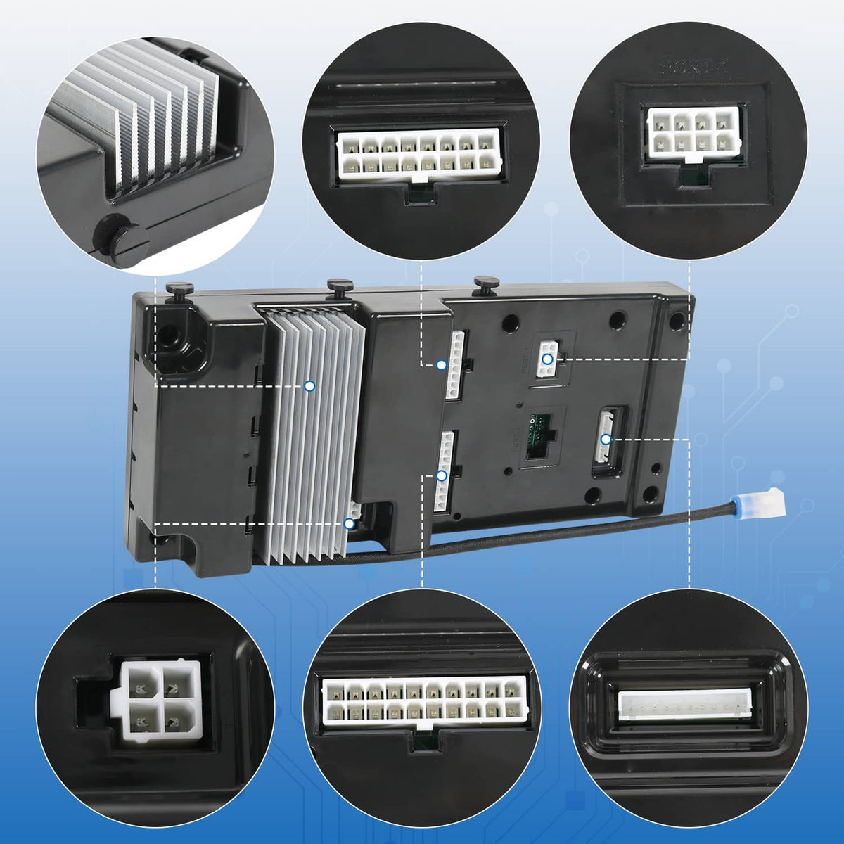 Open black controller assembly with internal circuitry and multi-pin connectors