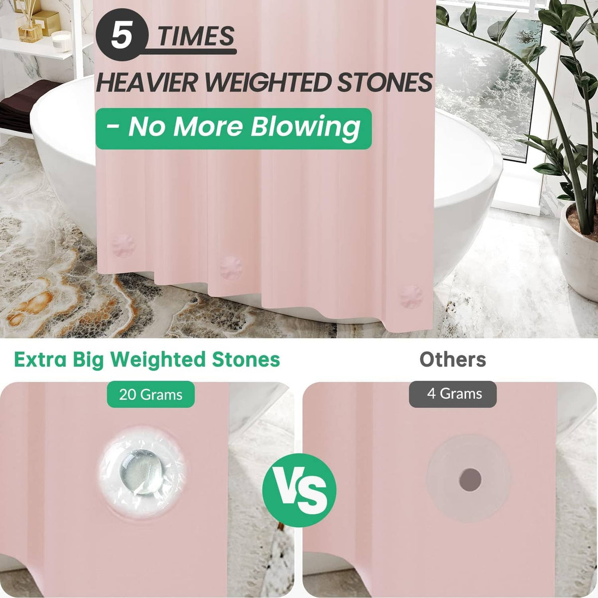 Light pink shower curtain with weighted hem and small embossed motifs