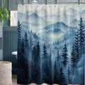 Navy blue forest scene shower curtain with pine trees and misty mountain layers