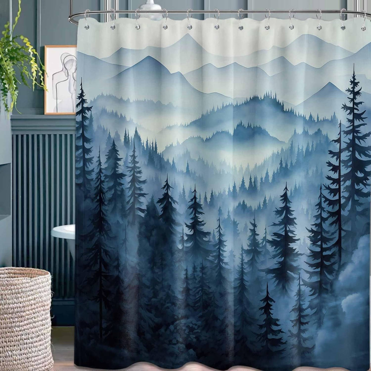 Navy blue forest scene shower curtain with pine trees and misty mountain layers