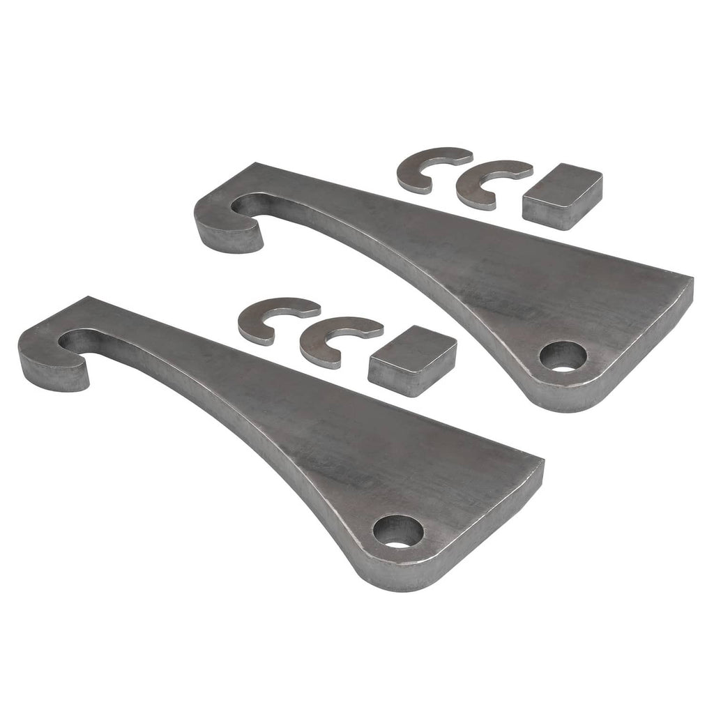 Steel mounting brackets set: two curved plates with hook cutouts, plus small blocks