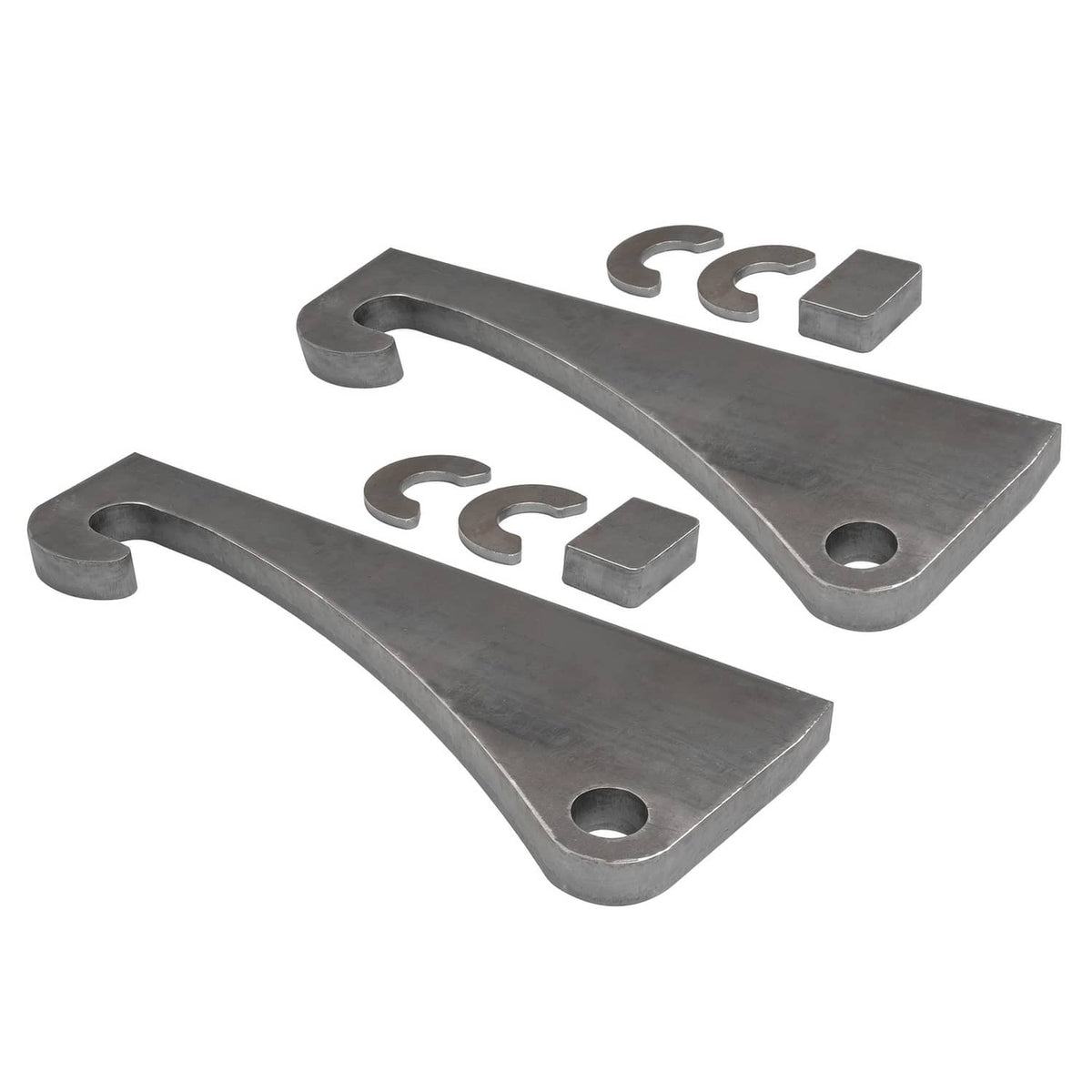 Steel mounting brackets set: two curved plates with hook cutouts, plus small blocks
