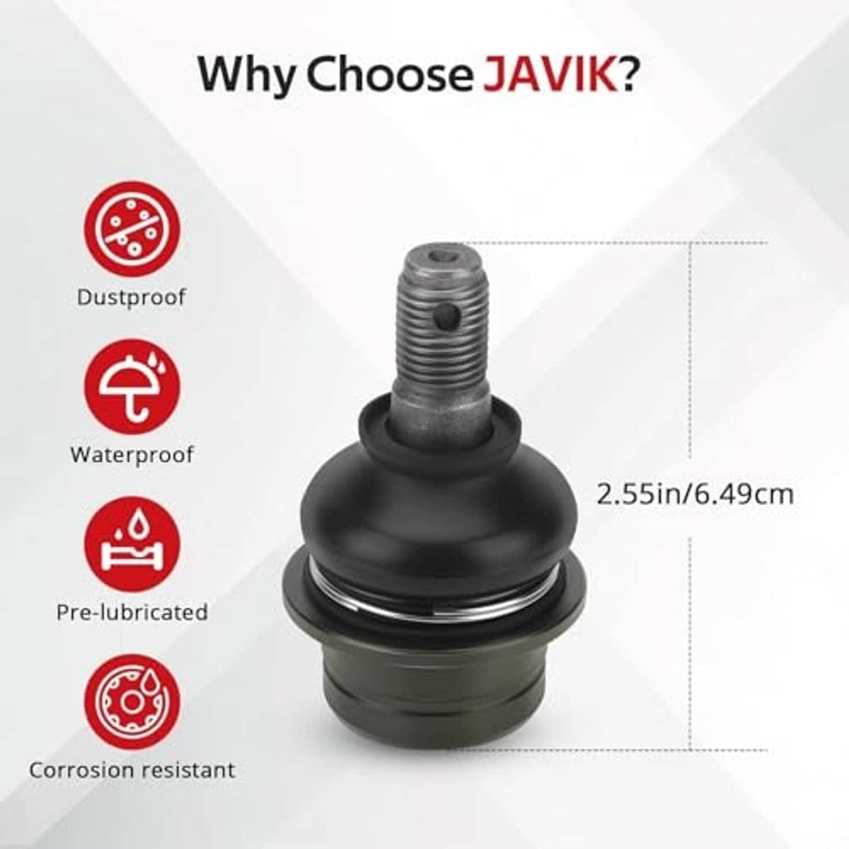 Single front A-arm ball joint with black rubber boot, threaded stud, and pre-lubed housing