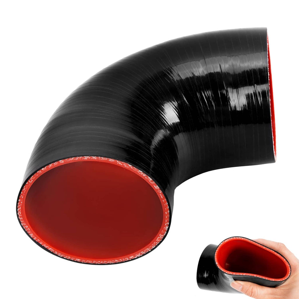 Black 90-degree silicone hose elbow with red inner lining, 3 in intake/turbo coupler