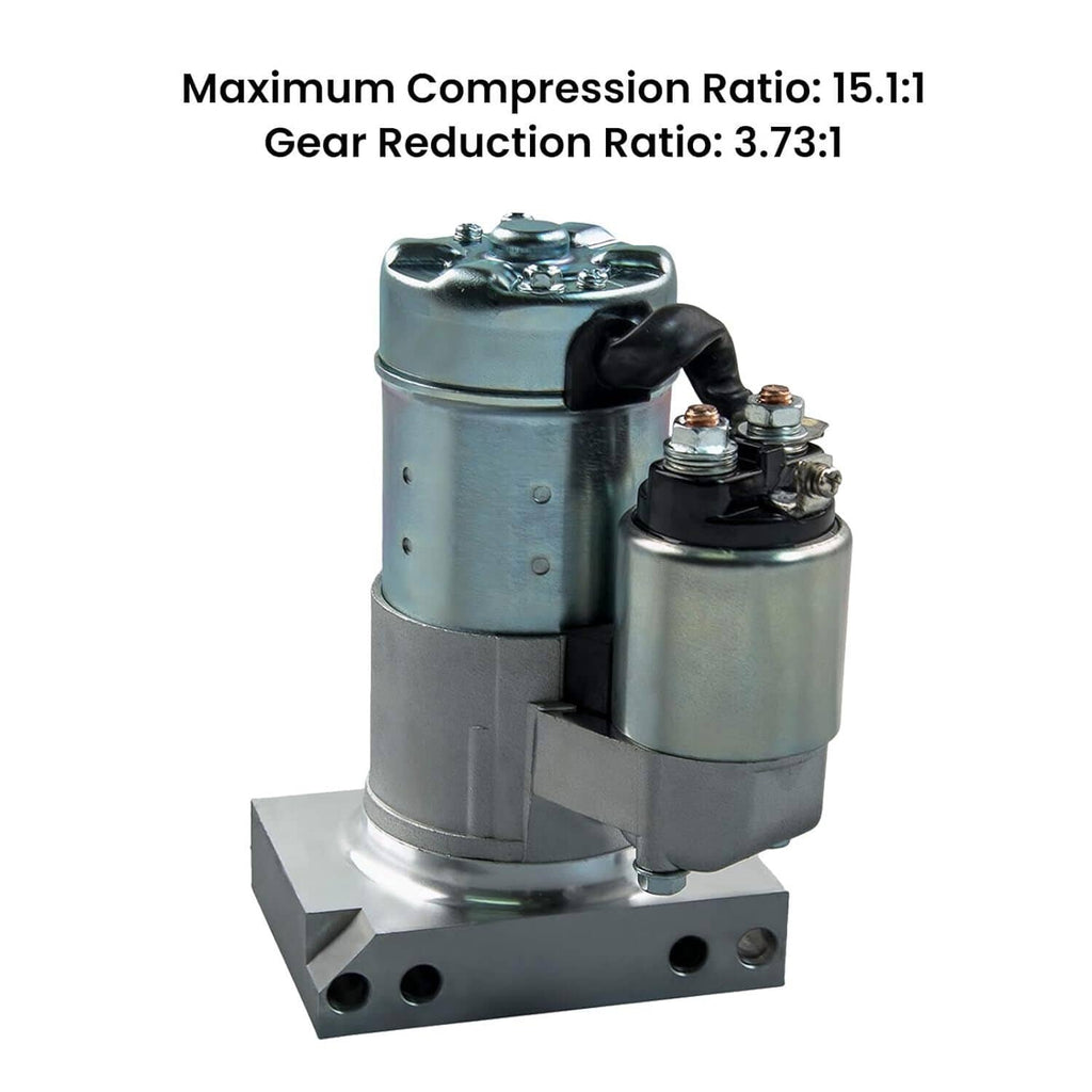 Starter motor with two-cylinder housings, top terminal cover, and silver mounting platform