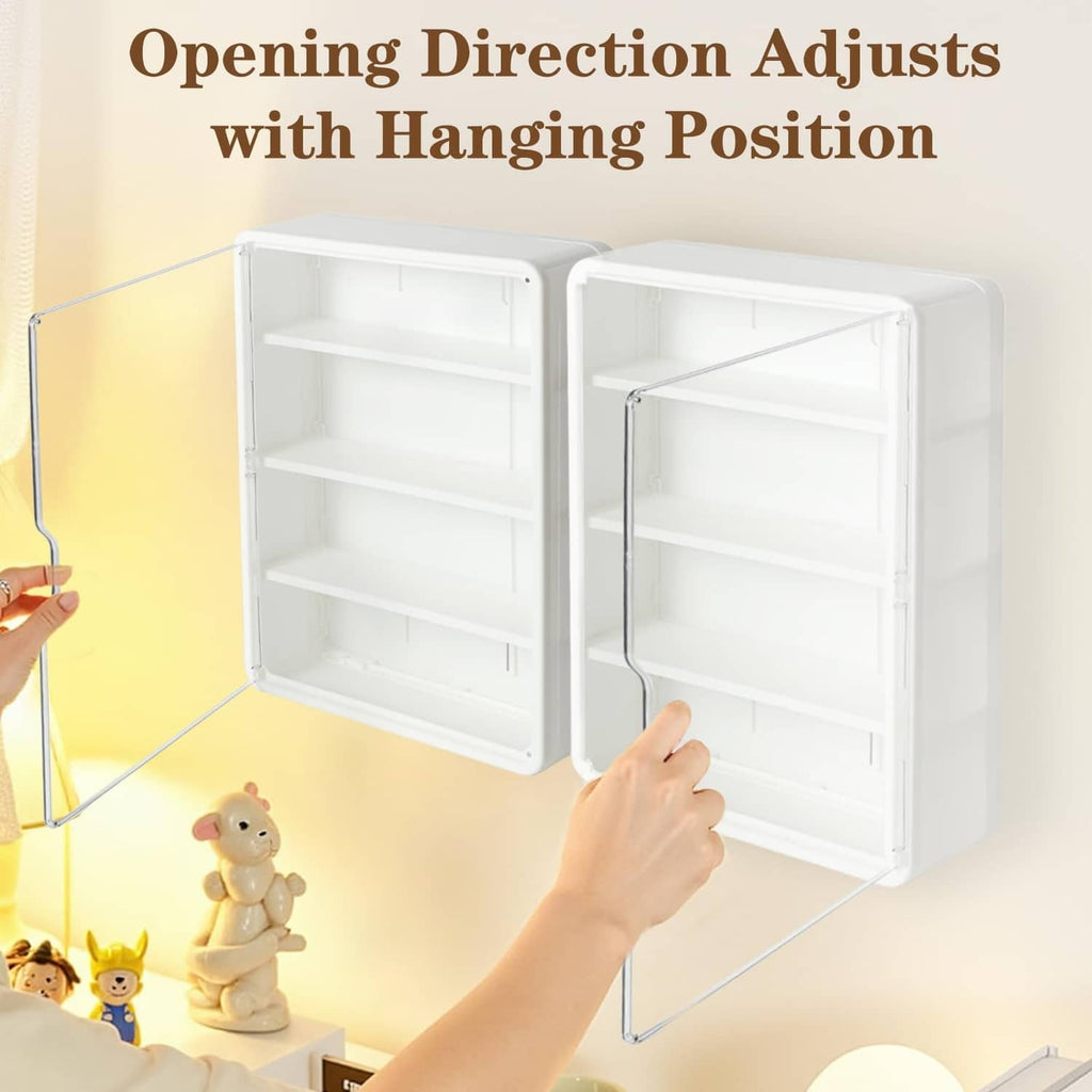 Wall-mounted clear display case with white door open and three-tier interior shelves